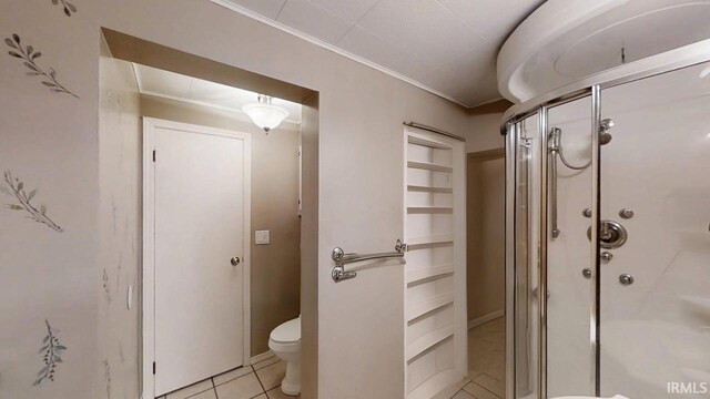 5480 S 950 W, South Whitley, IN 46787 - full bathroom with a shower with door, toilet, tile patterned flooring, and crown molding