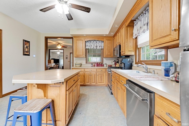 517 N Nancy St, Warren, IN 46792 - kitchen featuring appliances with stainless steel finishes, a ceiling fan, a breakfast bar area, a sink, and light countertops