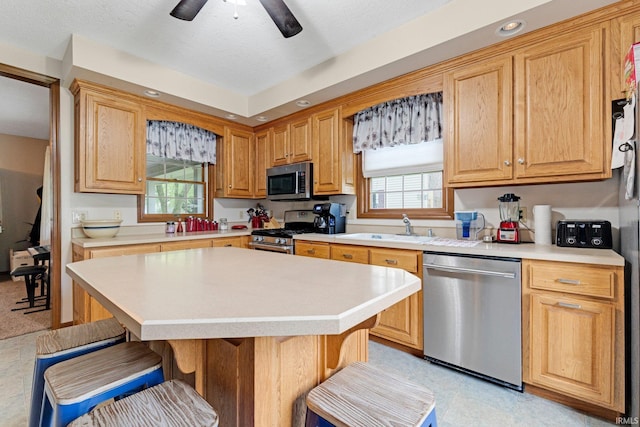 517 N Nancy St, Warren, IN 46792 - kitchen with stainless steel appliances, a sink, a kitchen breakfast bar, and light countertops