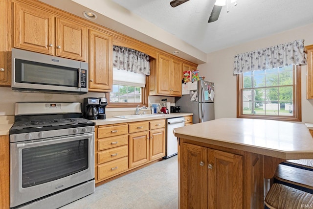 517 N Nancy St, Warren, IN 46792 - kitchen with appliances with stainless steel finishes, a sink, light countertops, a ceiling fan, and a breakfast bar