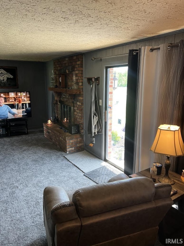 7109 W 100 S, Wabash, IN 46992 - carpeted living area featuring a brick fireplace and a textured ceiling