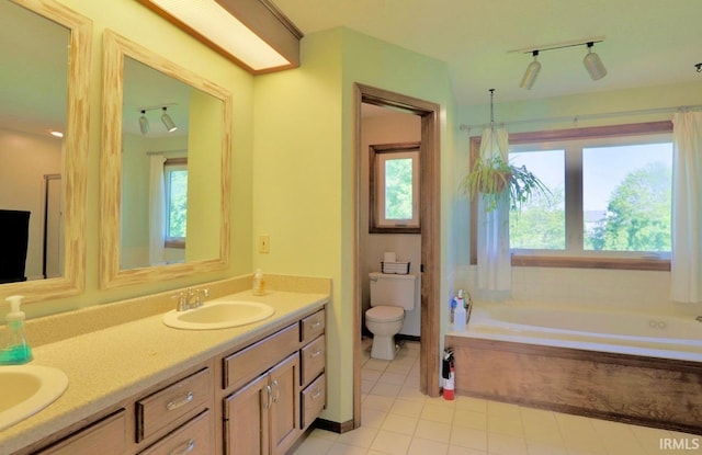 6322 Eagle Nest Ct, Fort Wayne, IN 46814 - bathroom featuring a garden tub, toilet, double vanity, and healthy amount of natural light