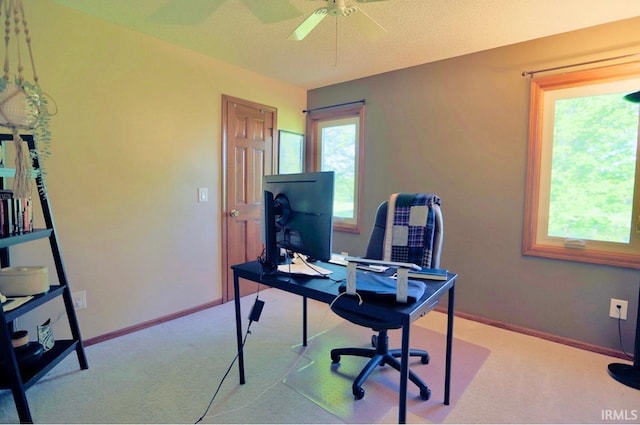 6322 Eagle Nest Ct, Fort Wayne, IN 46814 - home office with light carpet, a ceiling fan, and baseboards