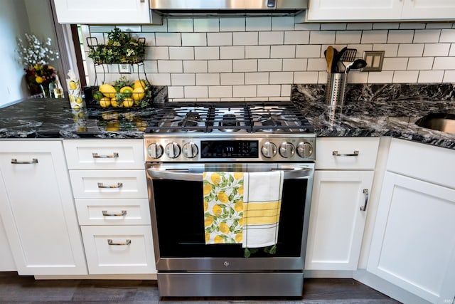 3850 W Woodmere Ct, Bloomington, IN 47403 - kitchen with stainless steel range with gas cooktop, white cabinets, and dark wood-style floors