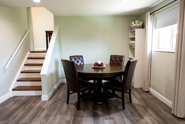 3850 W Woodmere Ct, Bloomington, IN 47403 - dining room with dark wood-type flooring, stairs, baseboards, and recessed lighting