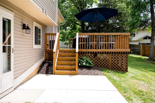 3850 W Woodmere Ct, Bloomington, IN 47403 - wooden deck featuring a patio and stairway