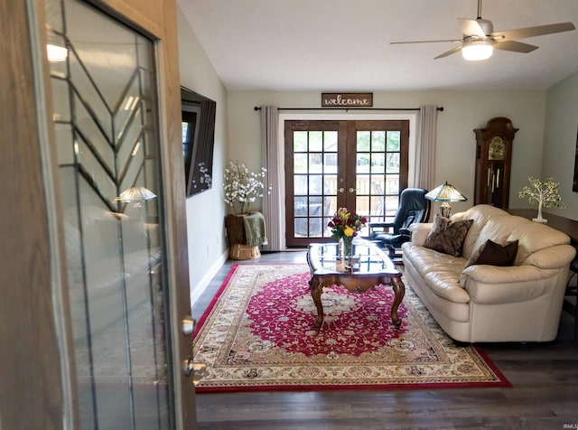 3850 W Woodmere Ct, Bloomington, IN 47403 - living room with french doors, lofted ceiling, wood finished floors, and ceiling fan