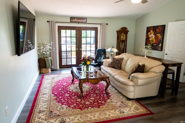 3850 W Woodmere Ct, Bloomington, IN 47403 - living area featuring french doors, a ceiling fan, wood finished floors, baseboards, and lofted ceiling