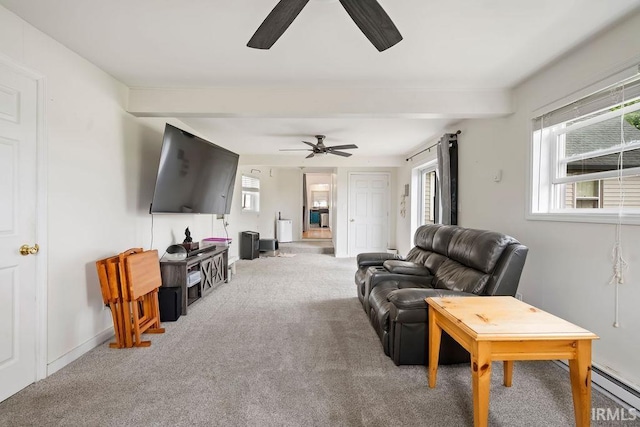 6659 W 400 S, Swayzee, IN 46986 - carpeted living area featuring a ceiling fan, baseboard heating, baseboards, and beamed ceiling