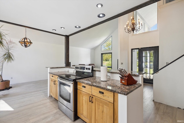 16828 Barryknoll Way, Granger, IN 46530 - kitchen with stainless steel electric range, a chandelier, light wood-type flooring, recessed lighting, and pendant lighting
