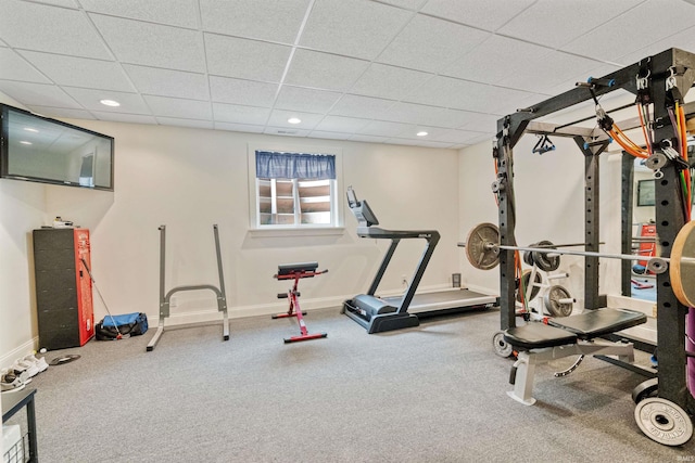 2006 Capital Hill Ct, Kokomo, IN 46902 - workout room featuring a paneled ceiling, baseboards, carpet flooring, and recessed lighting