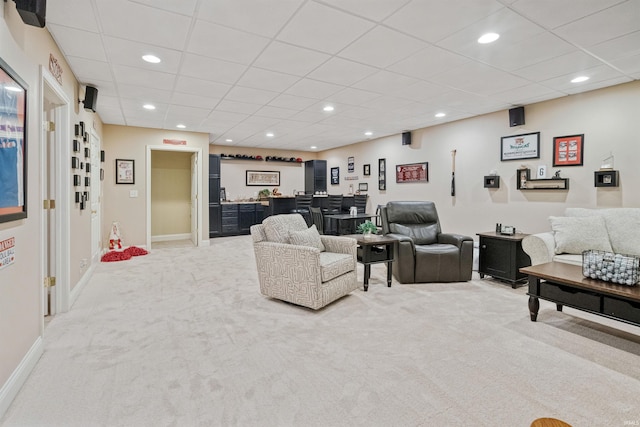 2006 Capital Hill Ct, Kokomo, IN 46902 - living room with light carpet, bar, recessed lighting, a paneled ceiling, and baseboards
