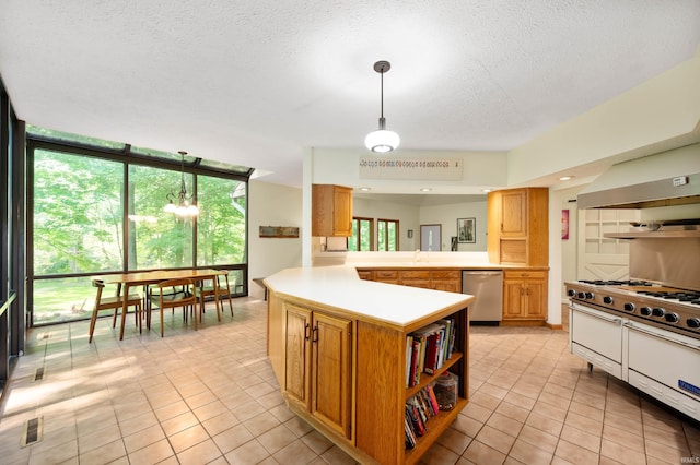 7301 W River Rd, Yorktown, IN 47396 - kitchen featuring stainless steel dishwasher, light countertops, light tile patterned flooring, a textured ceiling, and a peninsula