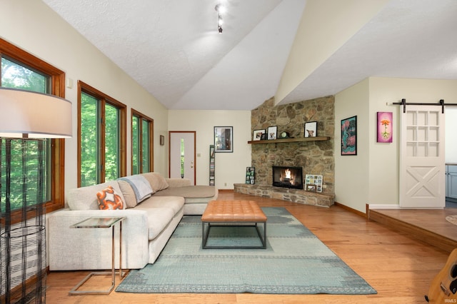 7301 W River Rd, Yorktown, IN 47396 - living area featuring a barn door, wood finished floors, a stone fireplace, vaulted ceiling, and baseboards