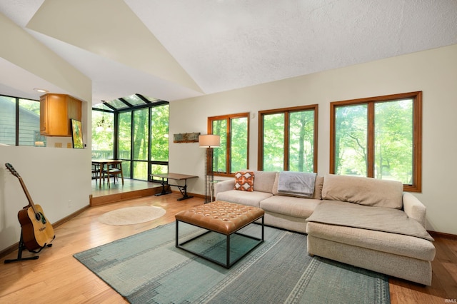 7301 W River Rd, Yorktown, IN 47396 - living area featuring baseboards, healthy amount of natural light, wood finished floors, and high vaulted ceiling