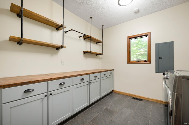 7301 W River Rd, Yorktown, IN 47396 - kitchen featuring wood counters, open shelves, electric panel, baseboards, and a textured ceiling