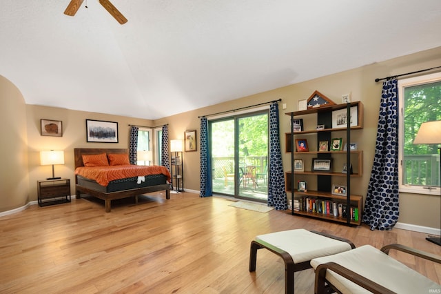 7301 W River Rd, Yorktown, IN 47396 - bedroom with access to exterior, light wood-type flooring, baseboards, vaulted ceiling, and ceiling fan