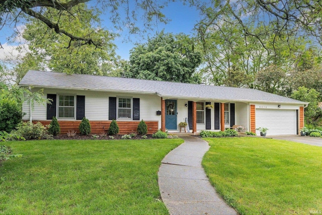6836 Penmoken Dr, Fort Wayne, IN 46819 - ranch-style house with a porch, a front lawn, an attached garage, and asphalt driveway