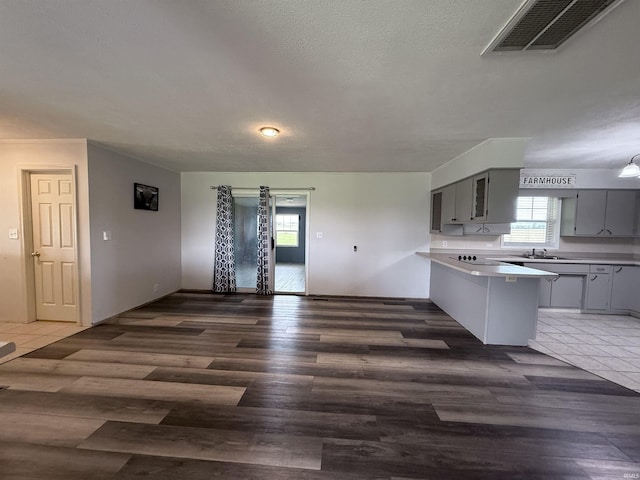 7540 S US-27 Hwy, Portland, IN 47371 - kitchen featuring gray cabinetry, a peninsula, wood finished floors, and light countertops