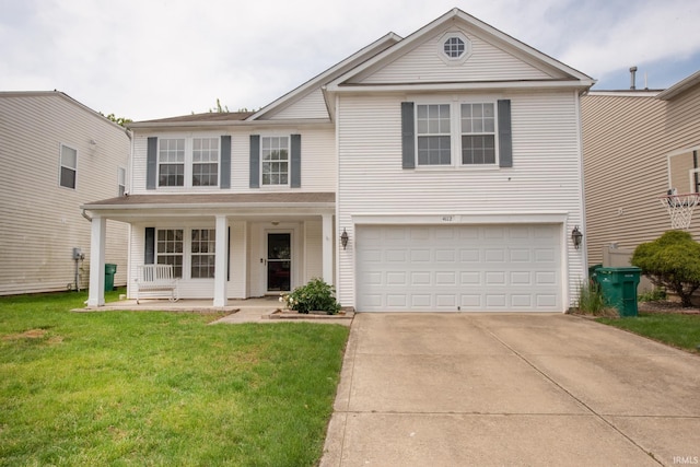 4112 Fletcher Dr, Lafayette, IN 47909 - traditional-style house featuring driveway, a garage, covered porch, and a front lawn