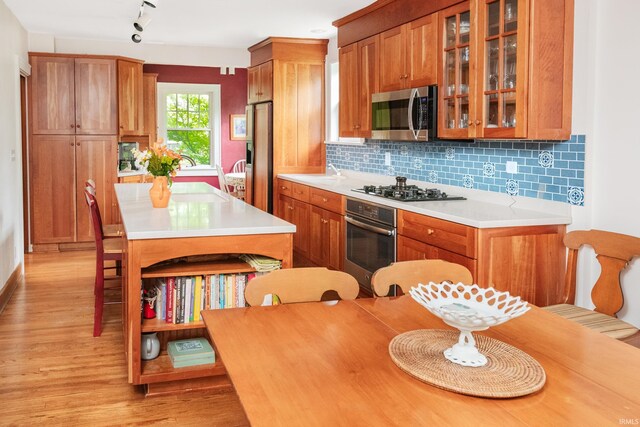 822 S Stull Ave, Bloomington, IN 47401 - kitchen with stainless steel appliances, light wood finished floors, rail lighting, brown cabinets, and light countertops