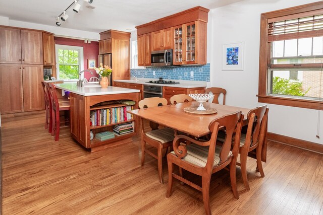 822 S Stull Ave, Bloomington, IN 47401 - dining room featuring rail lighting, light wood-style floors, and baseboards