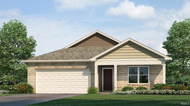 3856 Bradley Dr, Fort Wayne, IN 46818 - view of front of property with stone siding, an attached garage, driveway, and a front yard