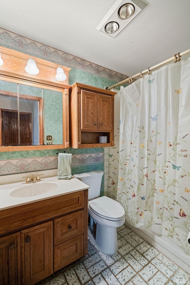 315 E Payton St, Greentown, IN 46936 - full bath with vanity, toilet, shower / bathtub combination with curtain, and tile patterned floors