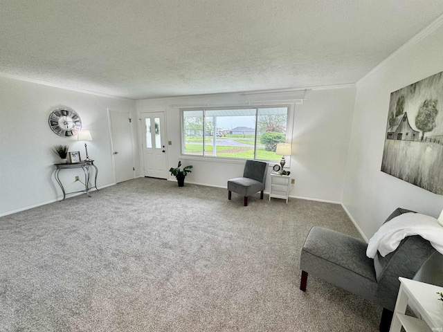 10908 Kathy Dr, Fort Wayne, IN 46835 - living area with a textured ceiling, carpet flooring, ornamental molding, and baseboards