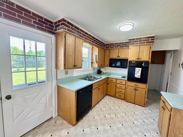 10908 Kathy Dr, Fort Wayne, IN 46835 - kitchen featuring black appliances, a sink, plenty of natural light, light countertops, and ornamental molding