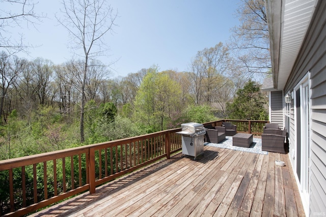 6336 Munsee Dr, West Lafayette, IN 47906 - wooden terrace with an outdoor hangout area, area for grilling, and a wooded view