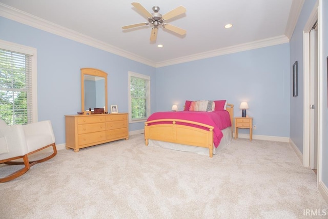 4288 Windhill Ln, Newburgh, IN 47630 - bedroom featuring crown molding, baseboards, carpet flooring, recessed lighting, and a ceiling fan