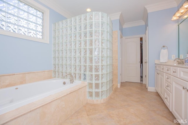 4288 Windhill Ln, Newburgh, IN 47630 - full bathroom featuring vanity, a bath, crown molding, tile patterned flooring, and walk in shower