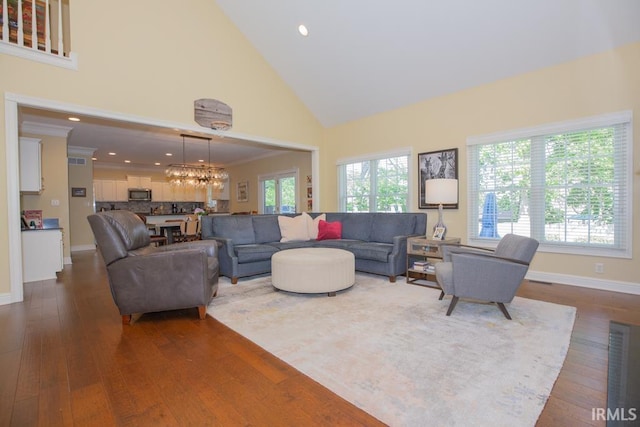 4288 Windhill Ln, Newburgh, IN 47630 - living room with high vaulted ceiling, dark wood-type flooring, a chandelier, baseboards, and recessed lighting