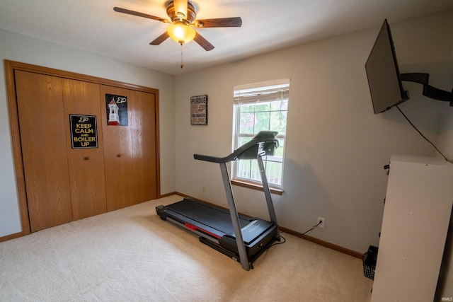5212 E 600 S, Lafayette, IN 47909 - exercise room featuring light colored carpet, ceiling fan, and baseboards