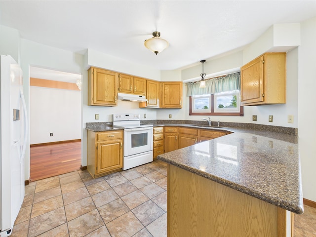3715 W 630 Rd N, Huntington, IN 46750 - kitchen featuring white appliances, under cabinet range hood, a sink, a peninsula, and dark stone countertops