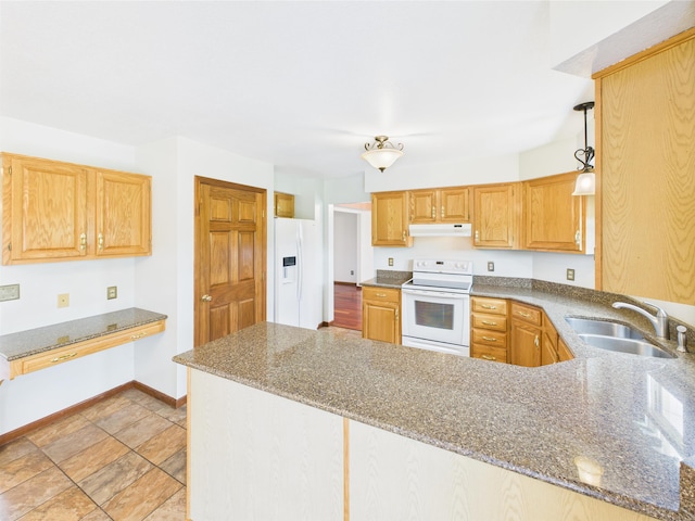 3715 W 630 Rd N, Huntington, IN 46750 - kitchen featuring white appliances, under cabinet range hood, a sink, a peninsula, and baseboards