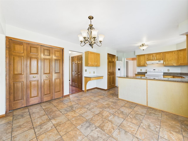 3715 W 630 Rd N, Huntington, IN 46750 - kitchen featuring electric stove, under cabinet range hood, a chandelier, baseboards, and light stone finish floors