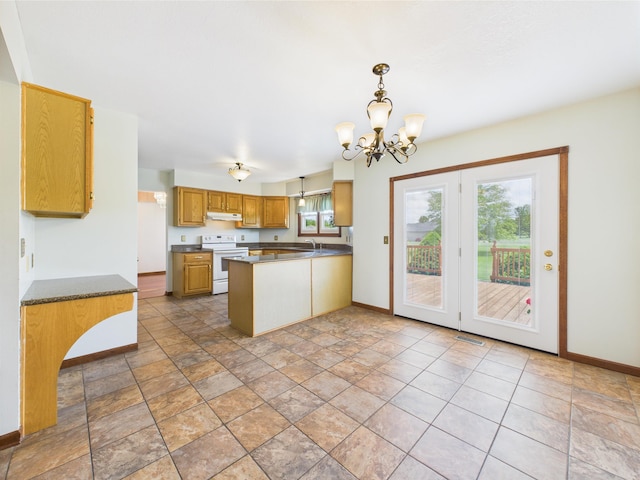 3715 W 630 Rd N, Huntington, IN 46750 - kitchen featuring electric range, a peninsula, a chandelier, baseboards, and under cabinet range hood