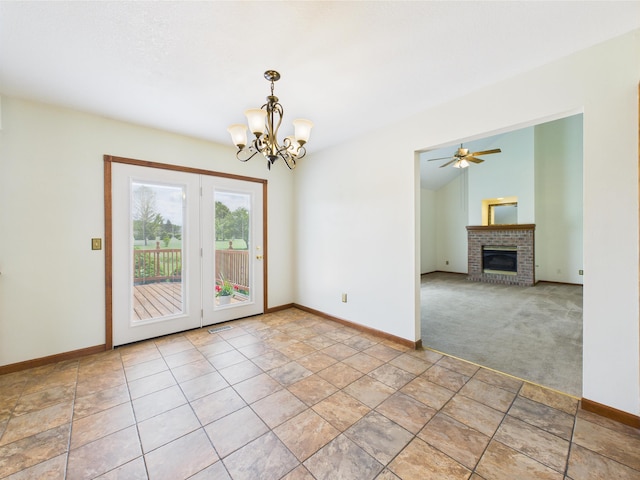 3715 W 630 Rd N, Huntington, IN 46750 - spare room with a chandelier, baseboards, a fireplace, and ceiling fan