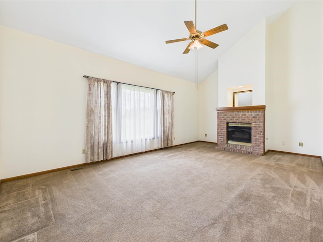3715 W 630 Rd N, Huntington, IN 46750 - unfurnished living room with carpet flooring, ceiling fan, baseboards, high vaulted ceiling, and a fireplace