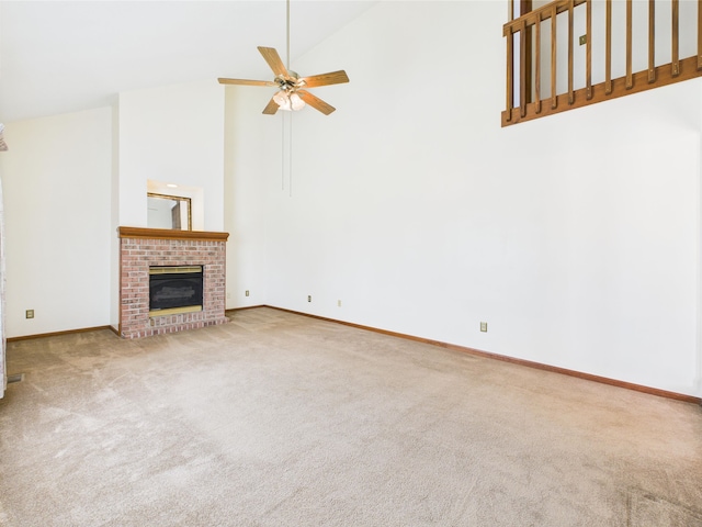 3715 W 630 Rd N, Huntington, IN 46750 - unfurnished living room featuring carpet, high vaulted ceiling, ceiling fan, baseboards, and a fireplace