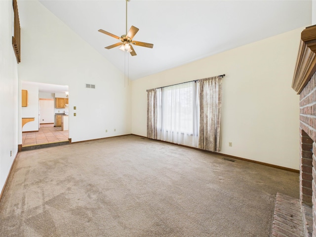 3715 W 630 Rd N, Huntington, IN 46750 - unfurnished living room featuring ceiling fan, high vaulted ceiling, baseboards, and carpet