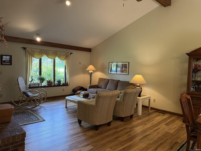 2807 Avondale Rd, Vincennes, IN 47591 - living room featuring baseboards, wood finished floors, beamed ceiling, and high vaulted ceiling