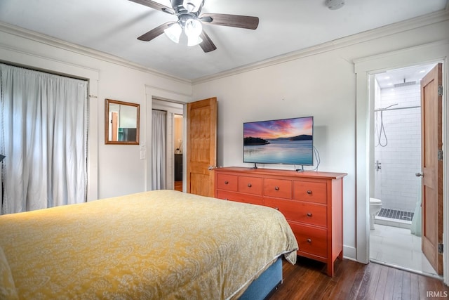 704 Avondale St, West Lafayette, IN 47906 - bedroom featuring dark wood-type flooring, crown molding, ensuite bath, and ceiling fan
