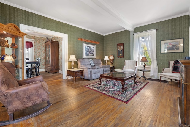 702 S Van Buren St, Auburn, IN 46706 - living room with wallpapered walls, hardwood / wood-style floors, crown molding, beam ceiling, and baseboards