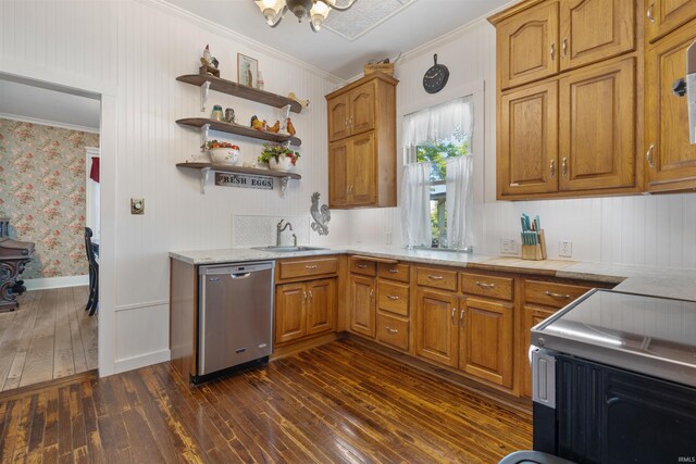 702 S Van Buren St, Auburn, IN 46706 - kitchen featuring stainless steel dishwasher, crown molding, range, a sink, and dark wood finished floors