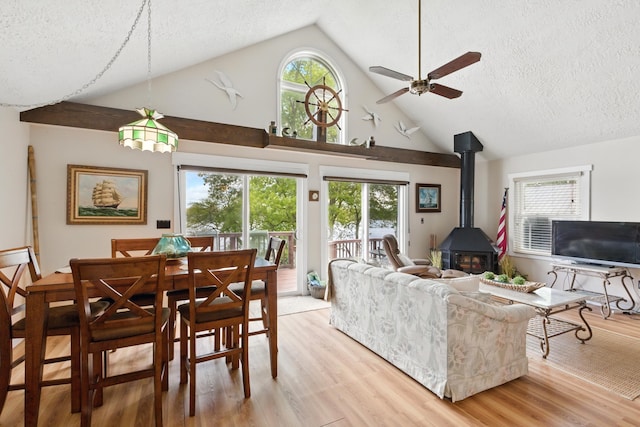 5585 S 930 E, Wolcottville, IN 46795 - living area featuring a wood stove, a textured ceiling, high vaulted ceiling, light wood-style flooring, and ceiling fan