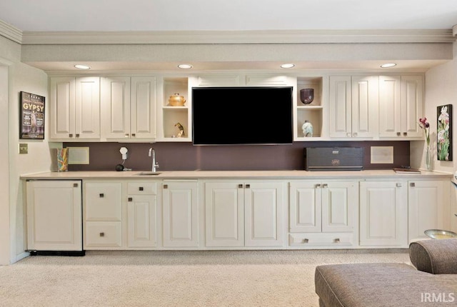 570 Golden Pl, Lafayette, IN 47905 - bar area with crown molding, a sink, light carpet, and recessed lighting