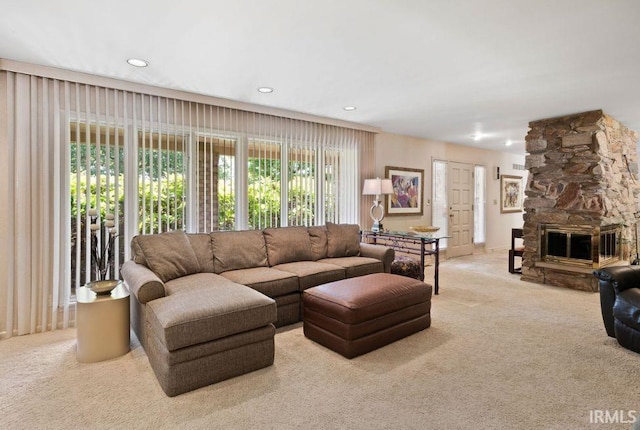 570 Golden Pl, Lafayette, IN 47905 - carpeted living room featuring recessed lighting and a stone fireplace